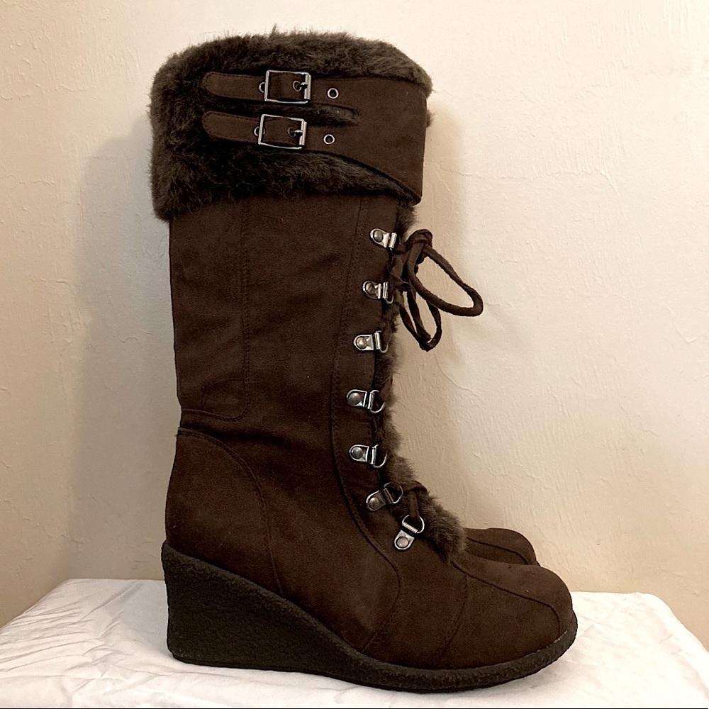 Brown wedge boots